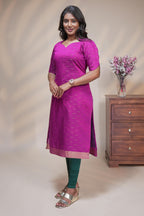 Pink cotton straight kurti motifs design with half slevee and sweatheart neck