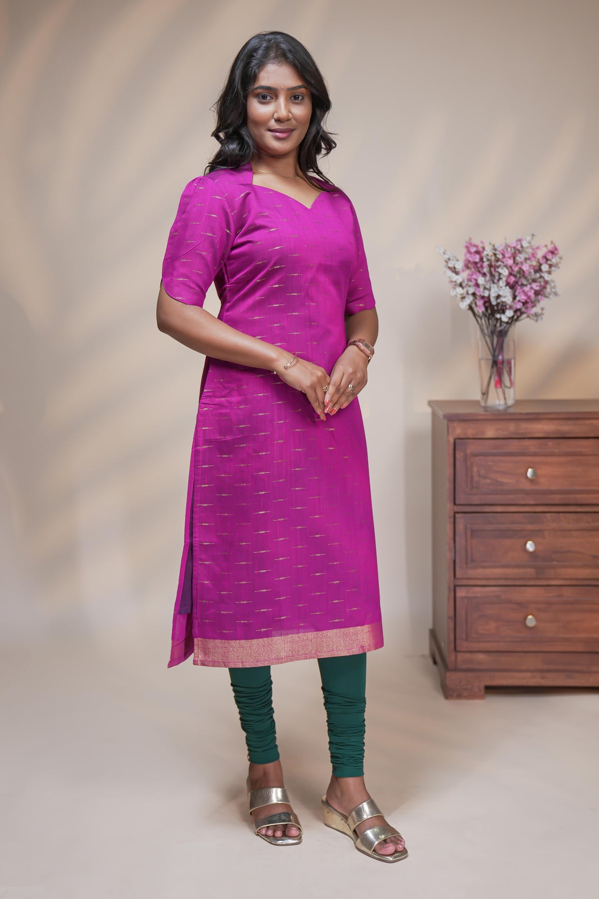 Pink cotton straight kurti motifs design with half slevee and sweatheart neck