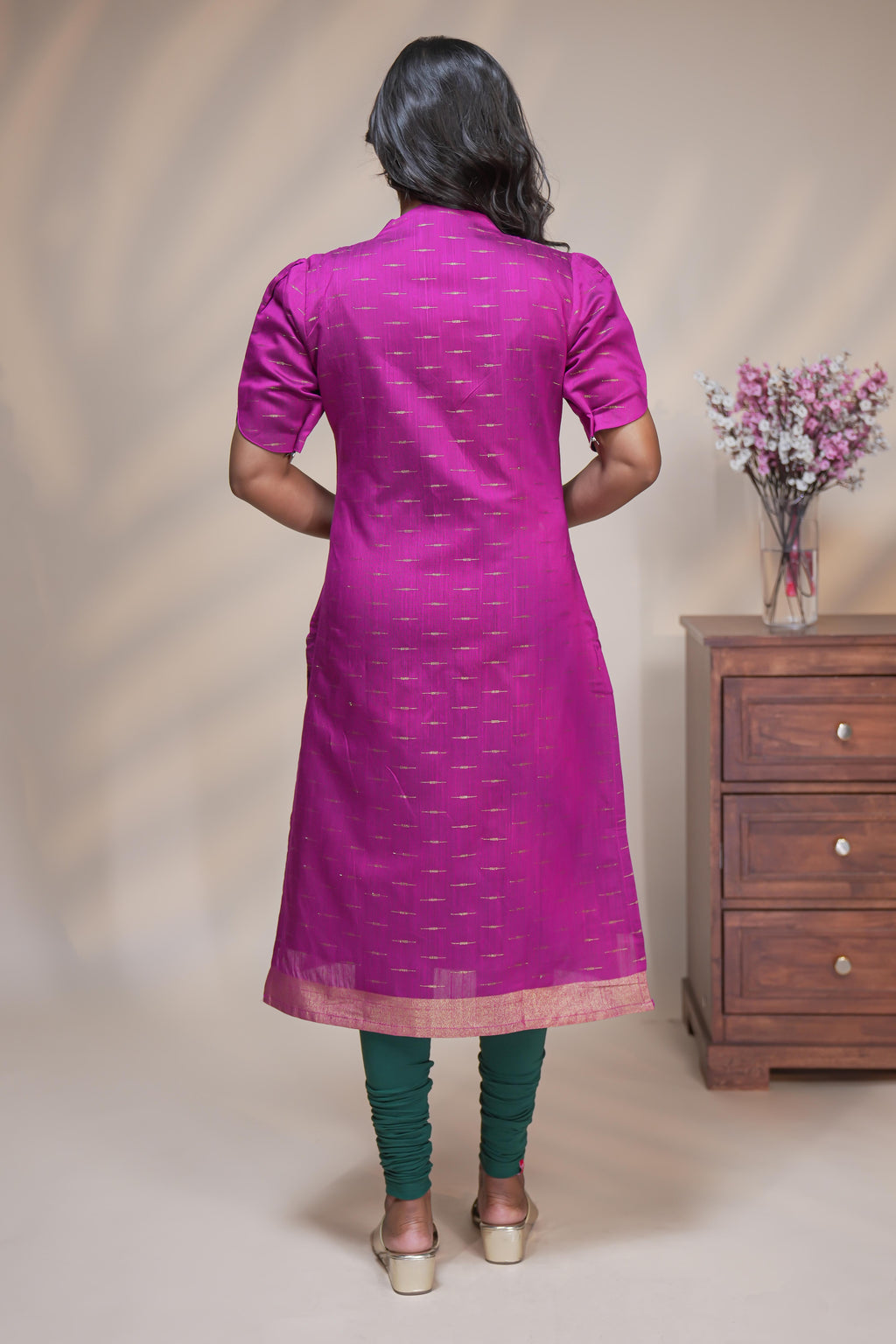 Pink cotton straight kurti motifs design with half slevee and sweatheart neck