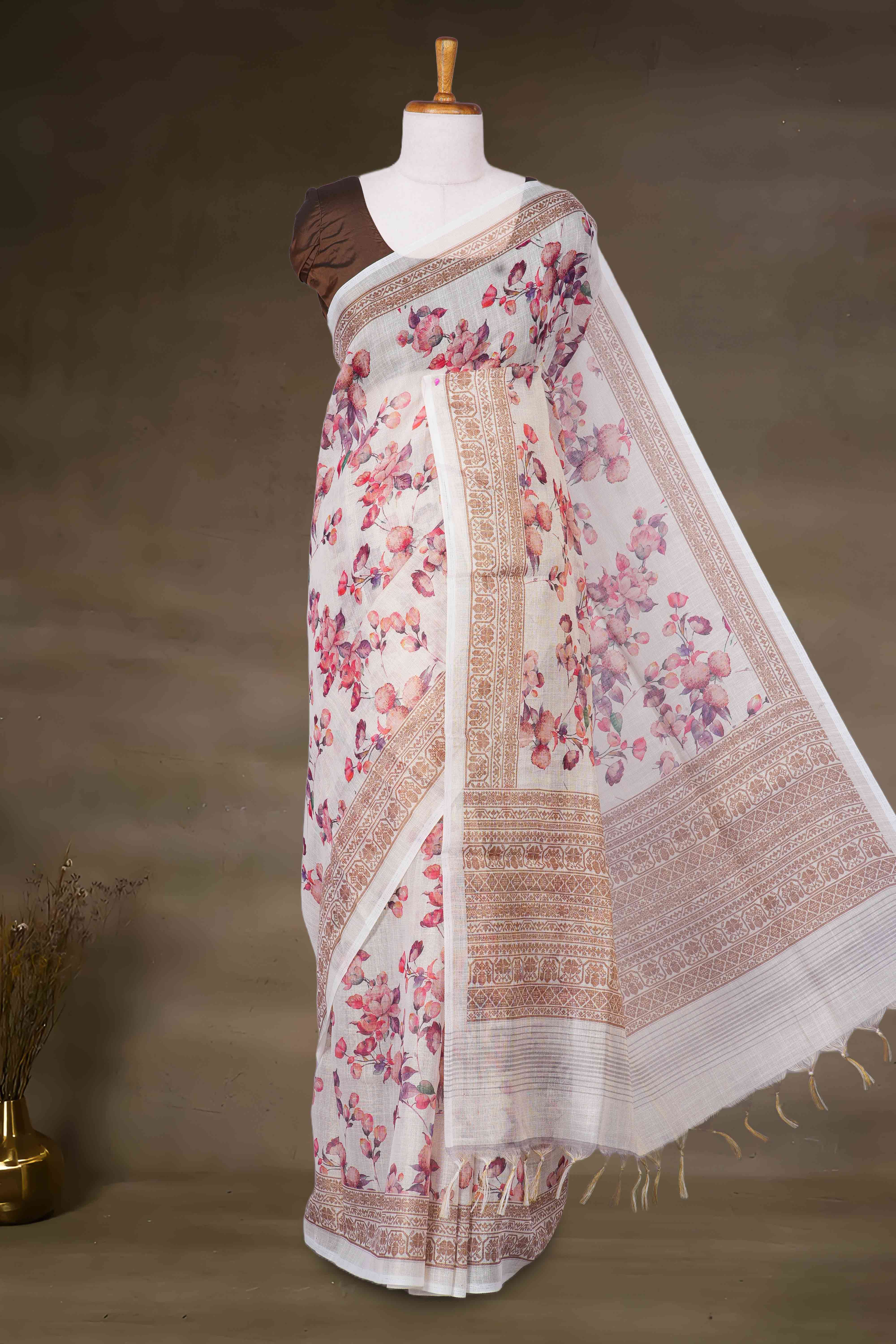 All over print linen cotton saree
