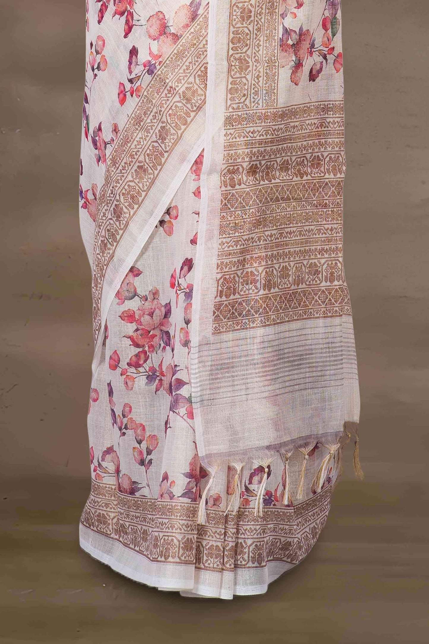 All over print linen pink cotton saree