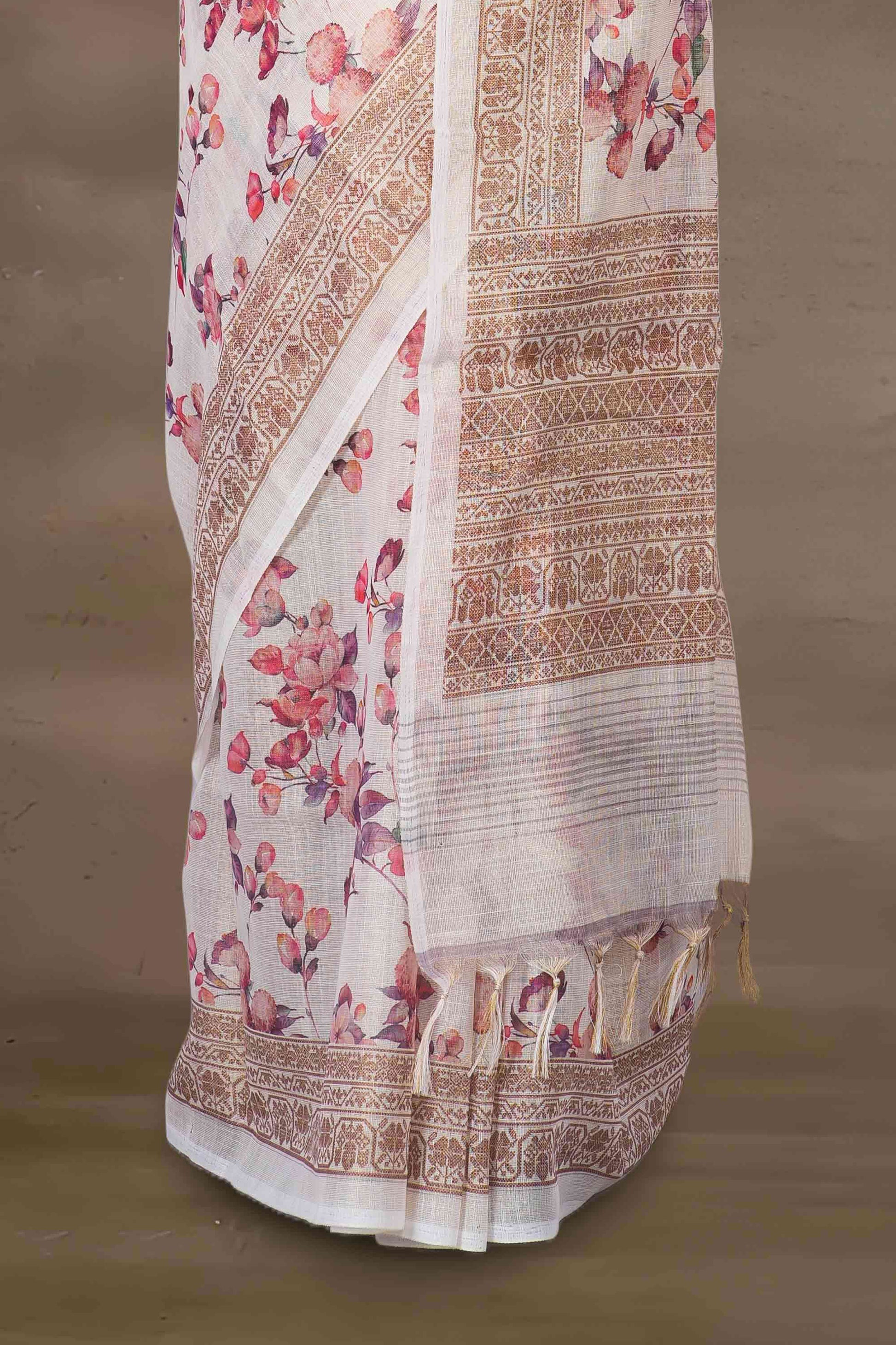 All over print linen pink cotton saree