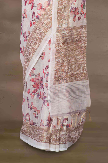 All over print linen pink cotton saree
