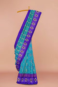 Aqua Blue & Purple Contrast Border Pure Pochampally Ikkat Silk Saree with Geometric Motifs