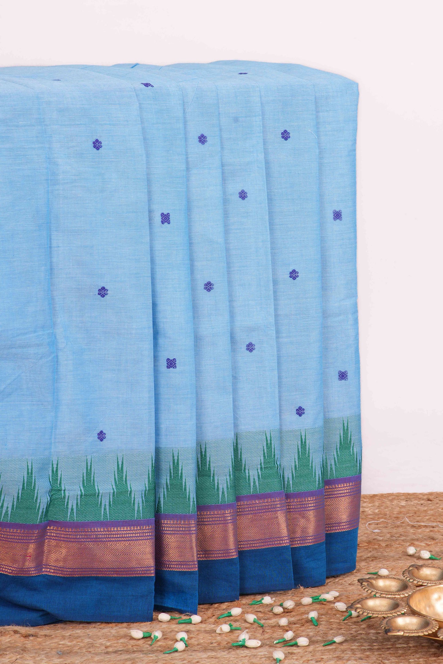 Baby blue Chettinad cotton thread butta saree