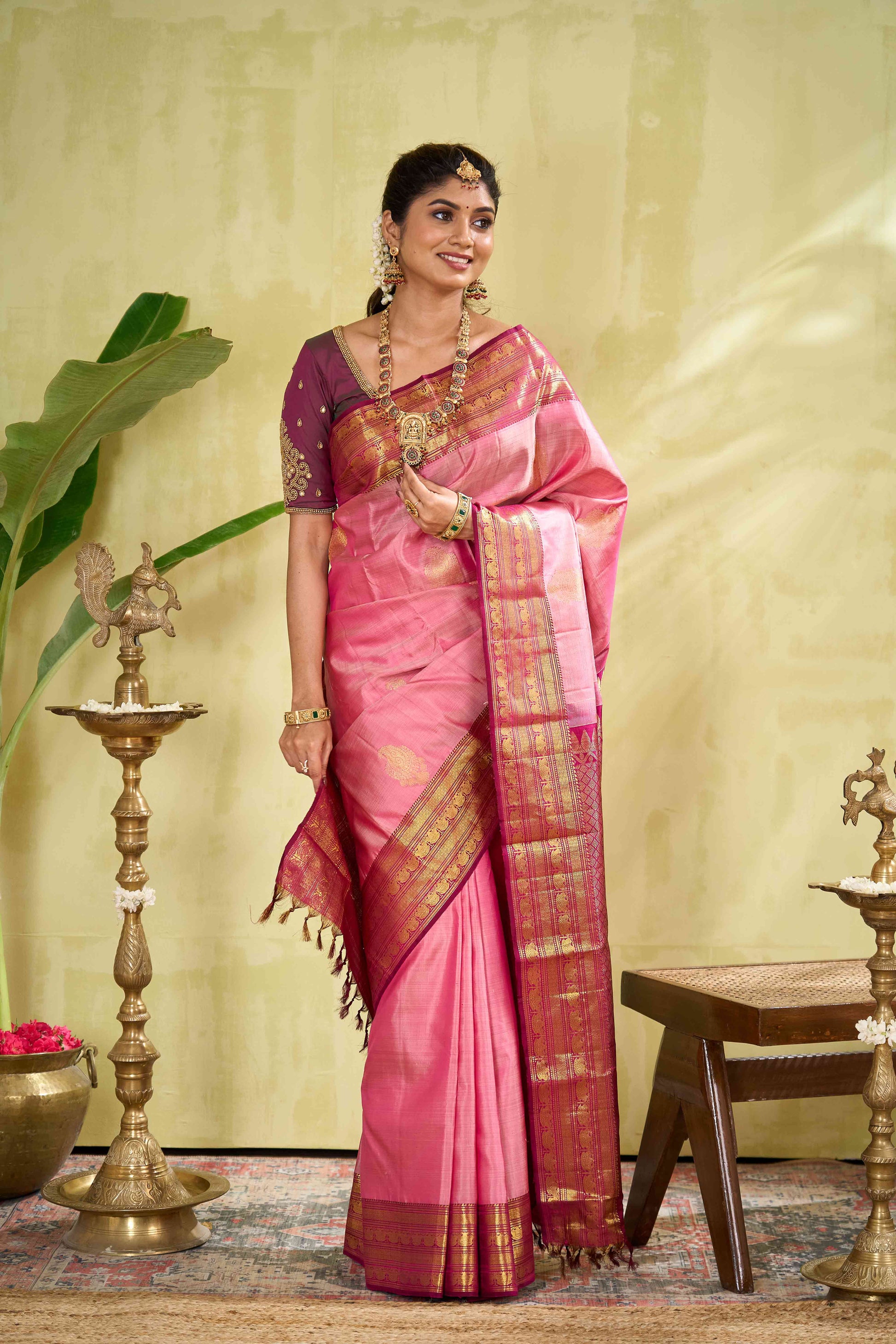 Baby pink pure silk saree