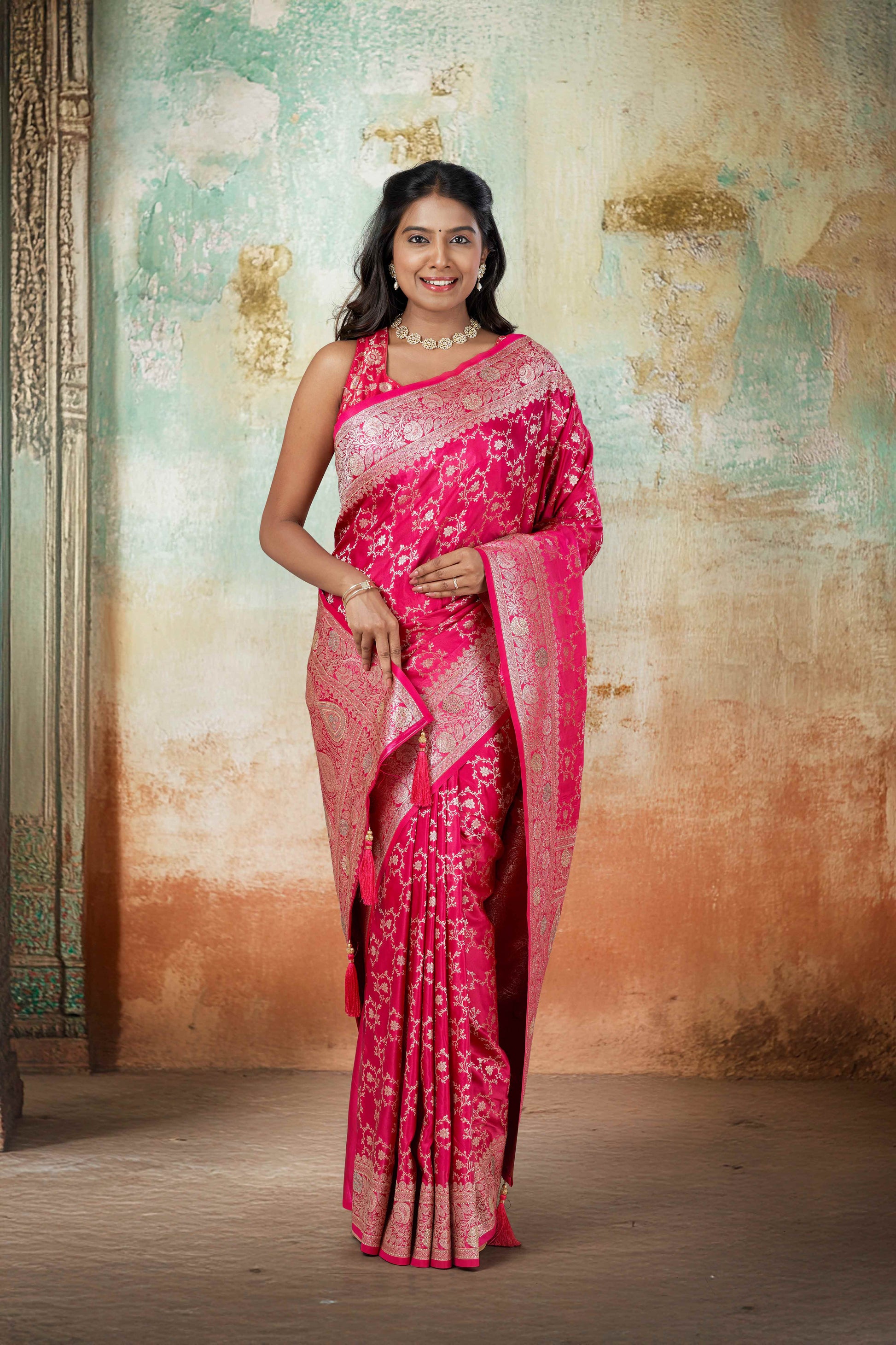Banaras Satin Silk pink Saree