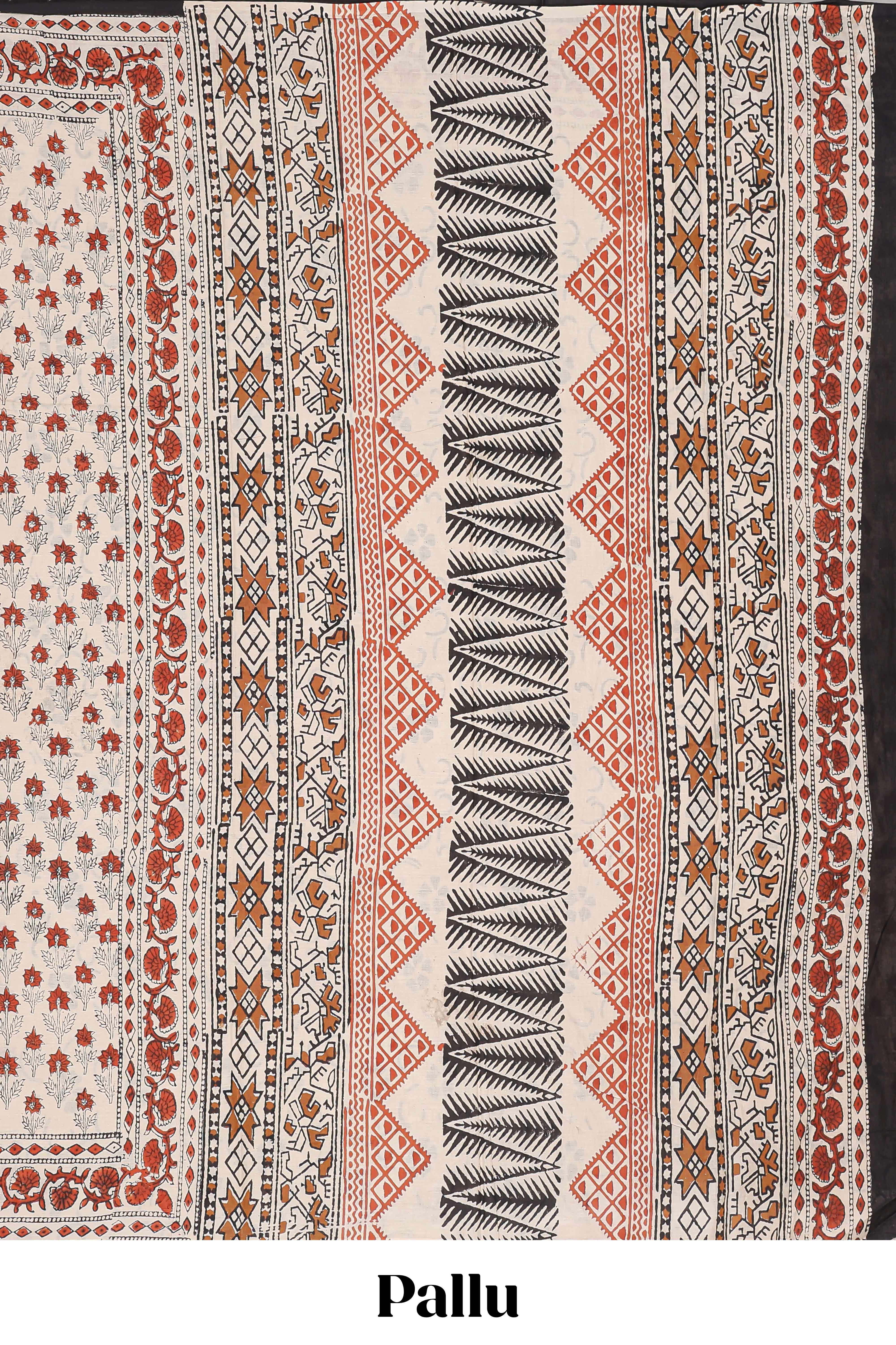 Beige floral print cotton saree