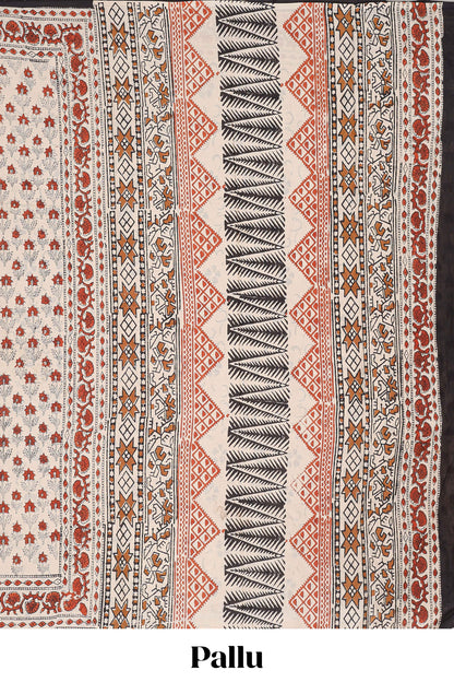 Beige floral print cotton saree