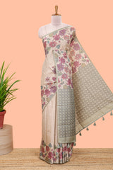 Beige printed tussar silk