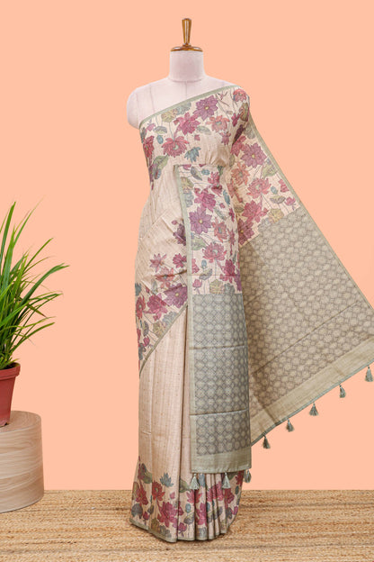 Beige printed tussar silk