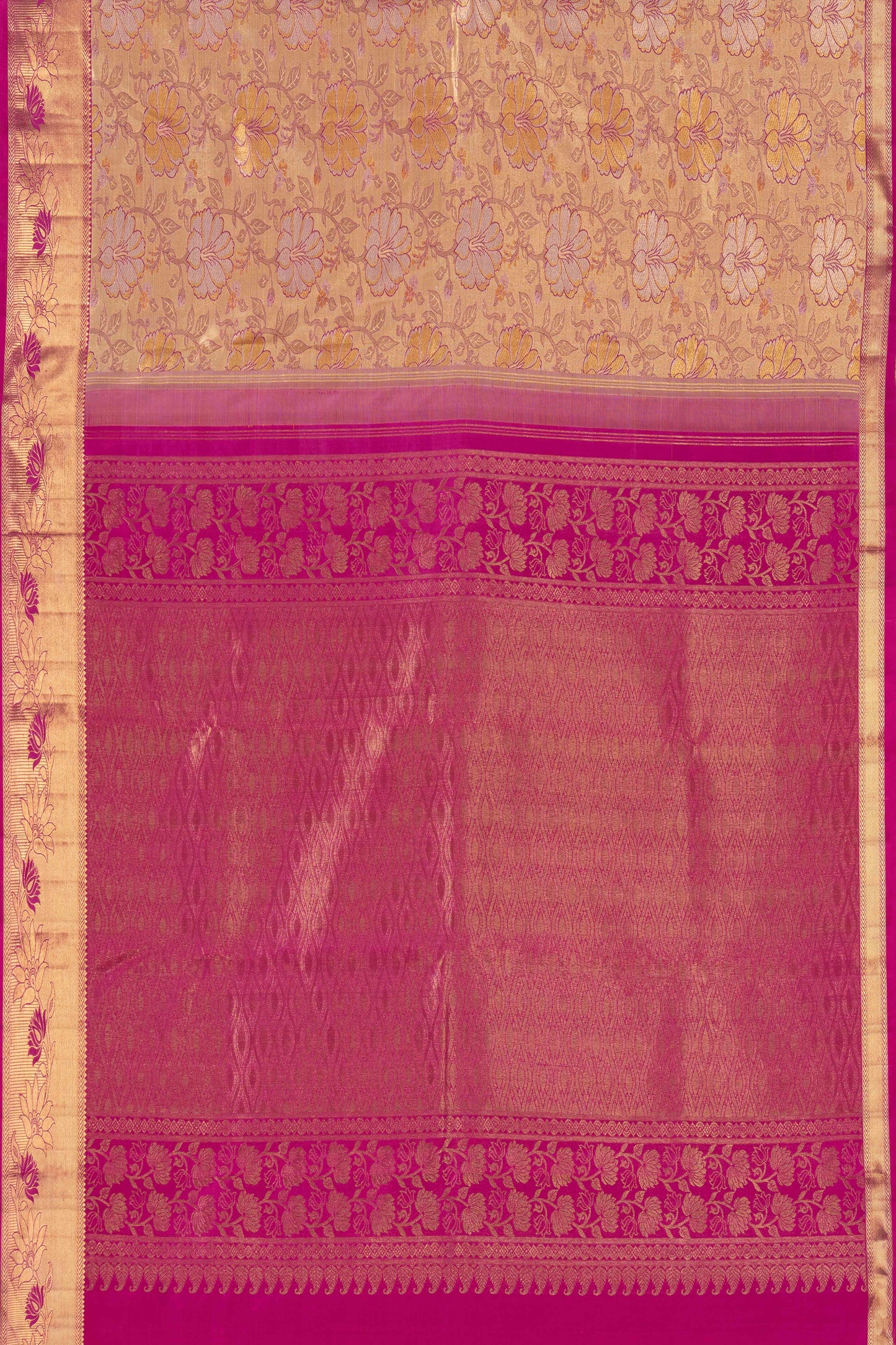 Beige silk saree with floral zari work