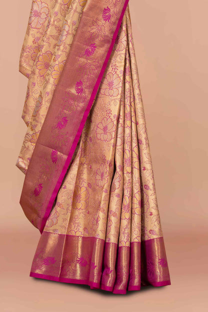 Beige silk saree with magenta border