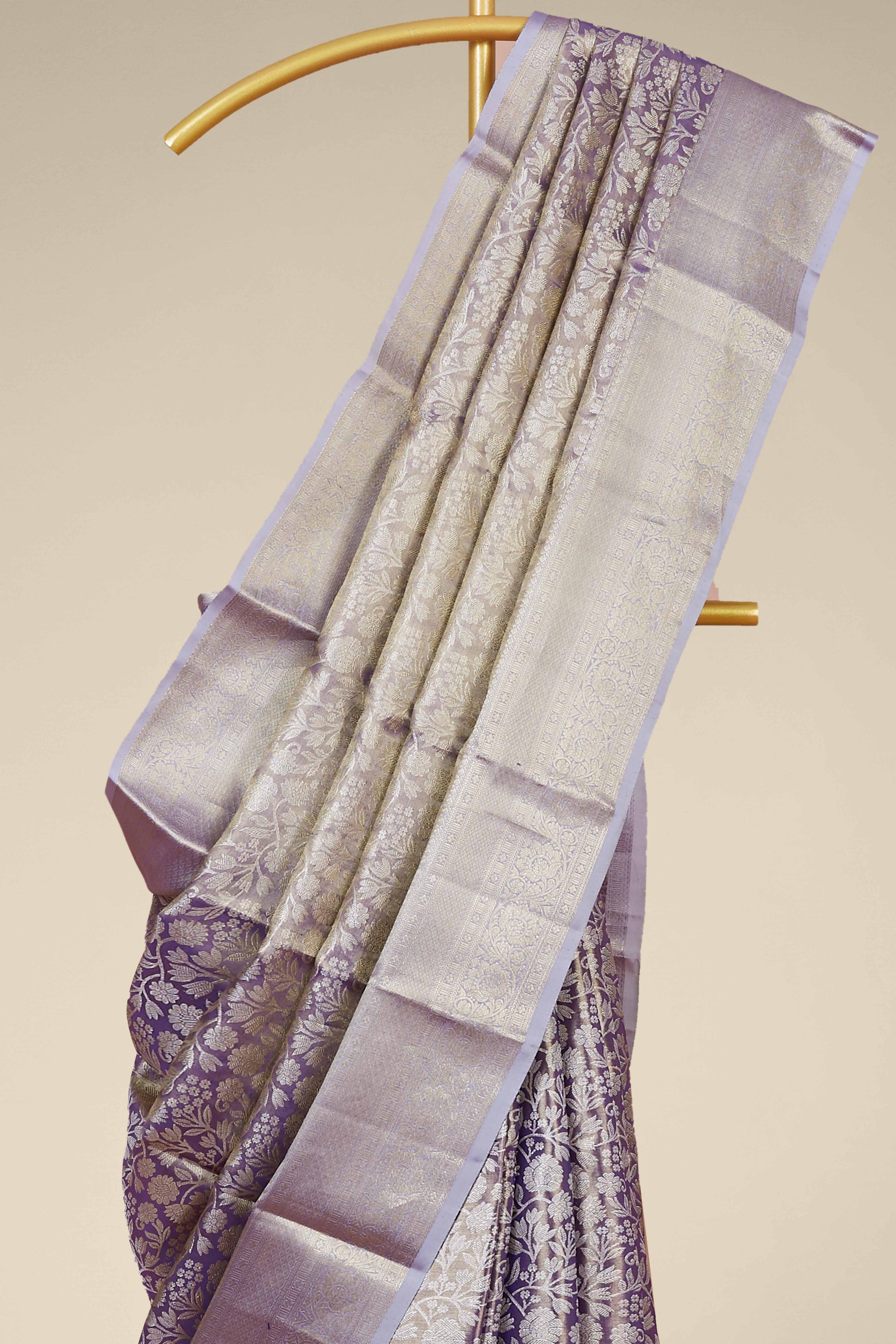 Beige silk saree with maroon border
