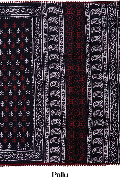 Black ajrakh print cotton saree design