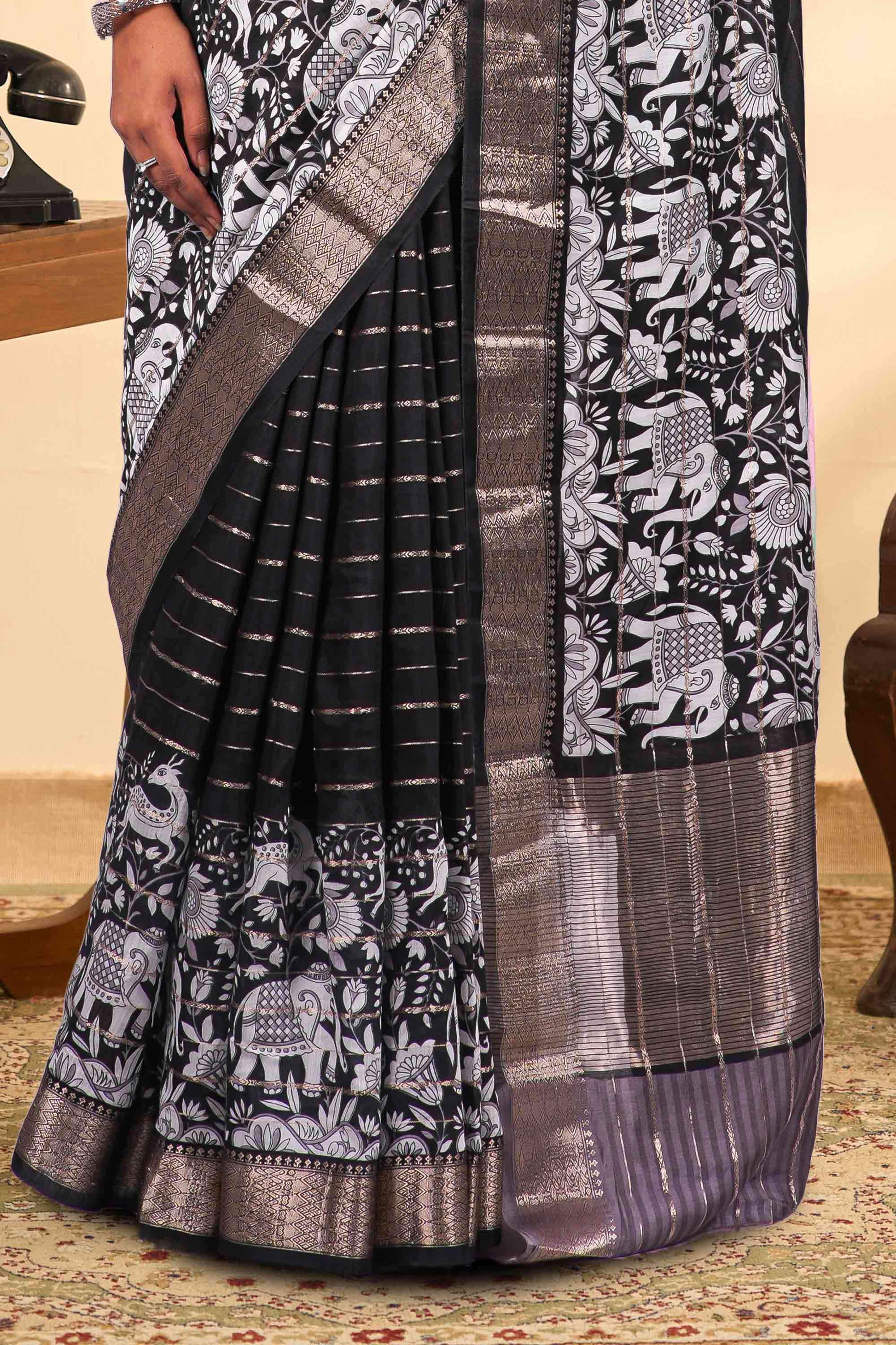 Black and white kalamkari saree