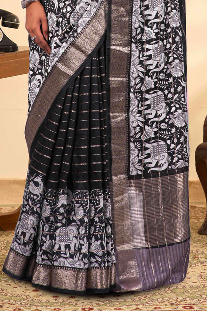 Black and white kalamkari saree