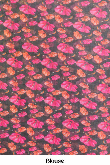 Black artisan print linen saree