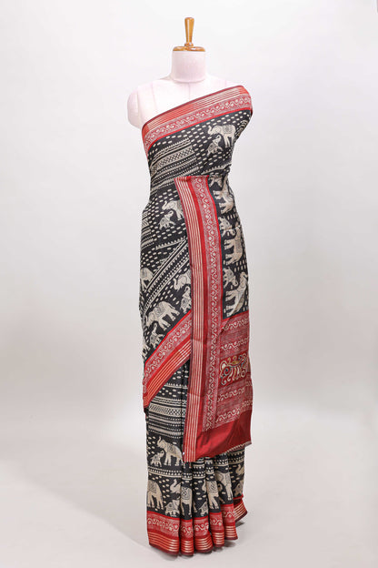 Black chanderi cotton saree geometric design