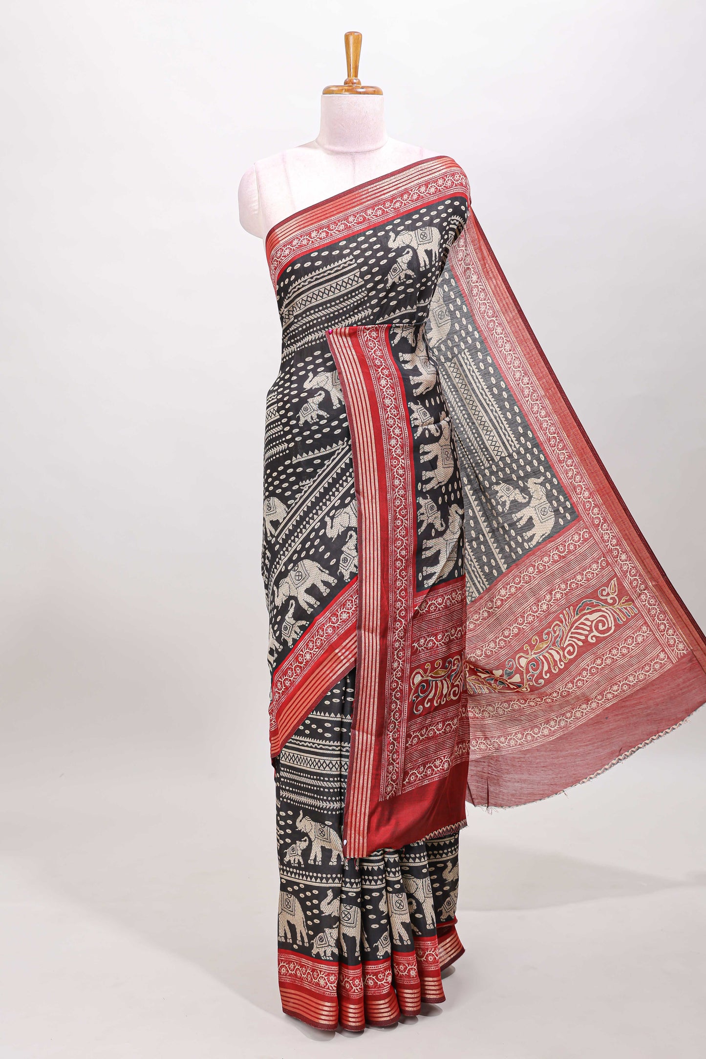 Black chanderi cotton saree geometric elephant print contrast zari border