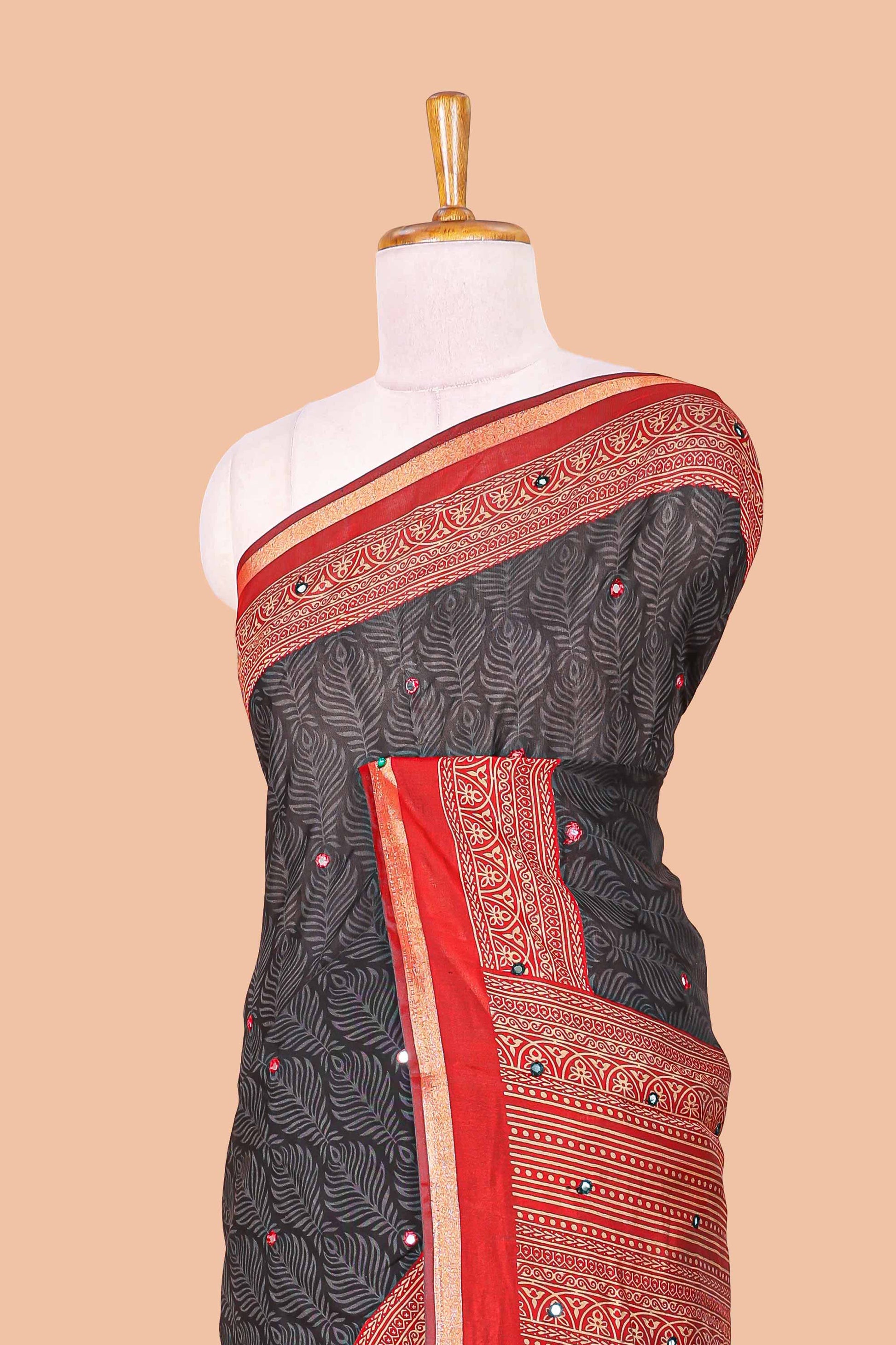 Black chanderi cotton saree with contrast border