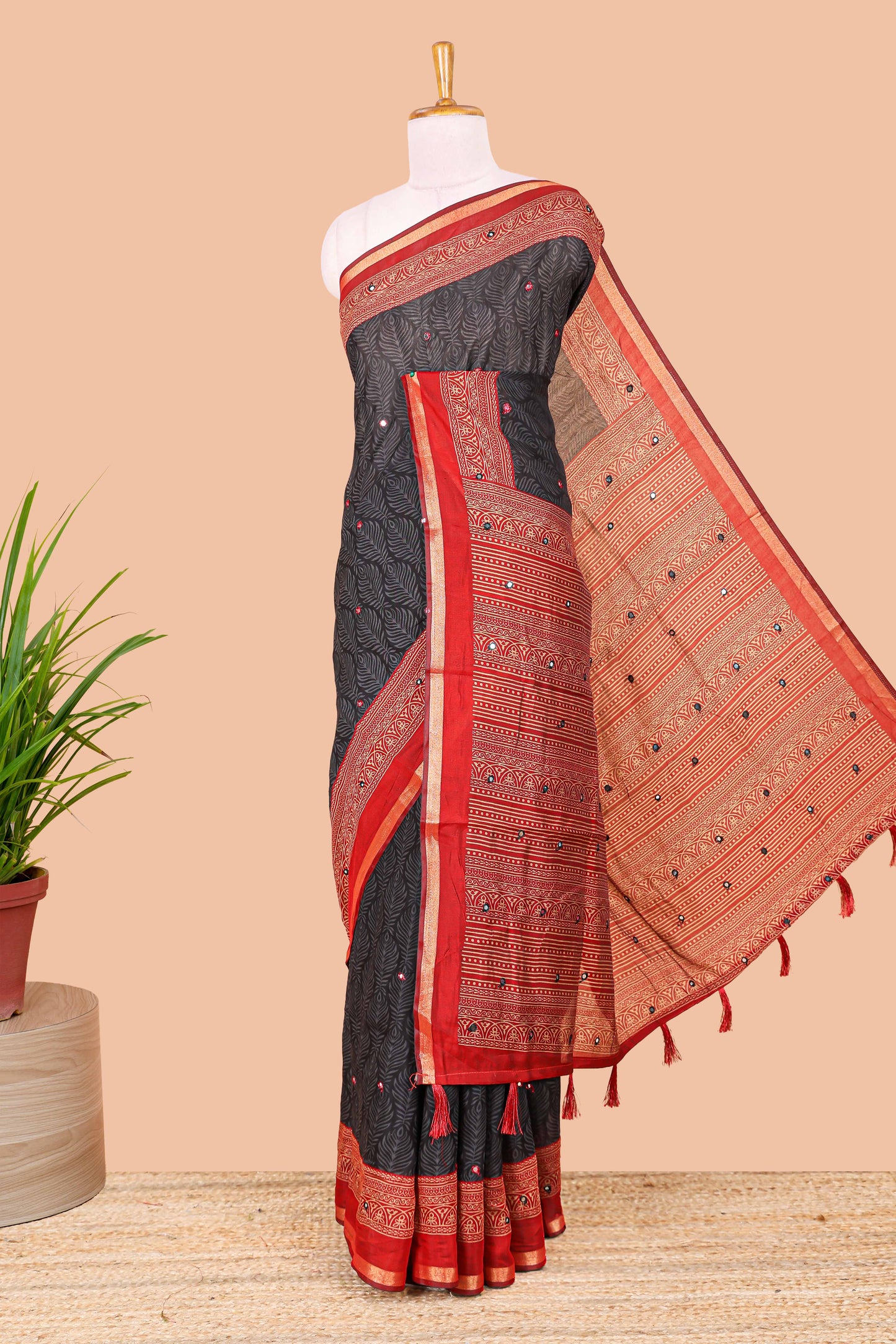 Black chanderi cotton saree with peacock feather print