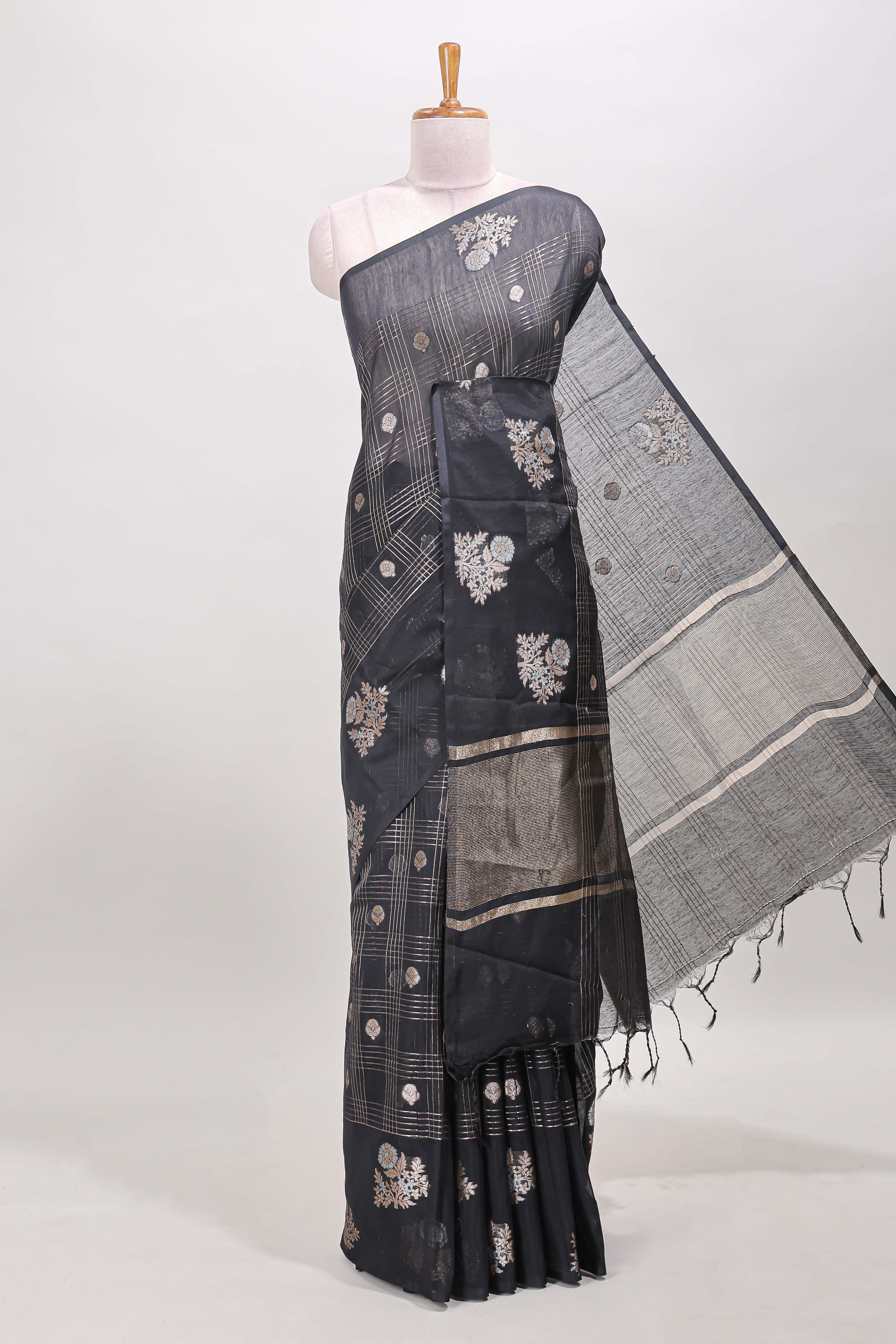 Black chanderi silk cotton saree checked zari motifs self border