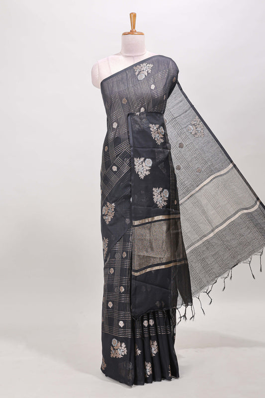 Black chanderi silk cotton saree checked zari motifs self border
