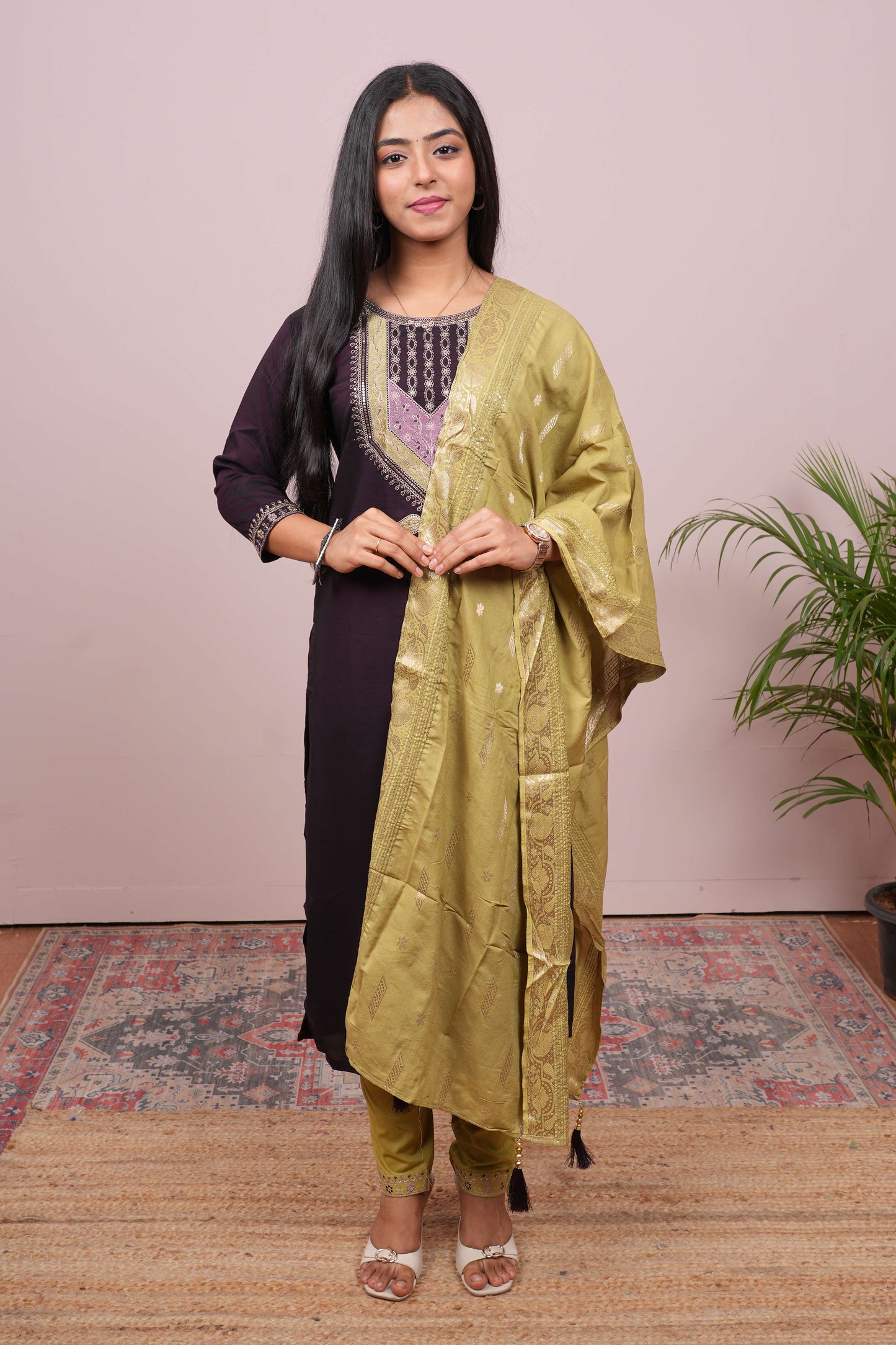 Black chudidhar suit with yellow dupatta