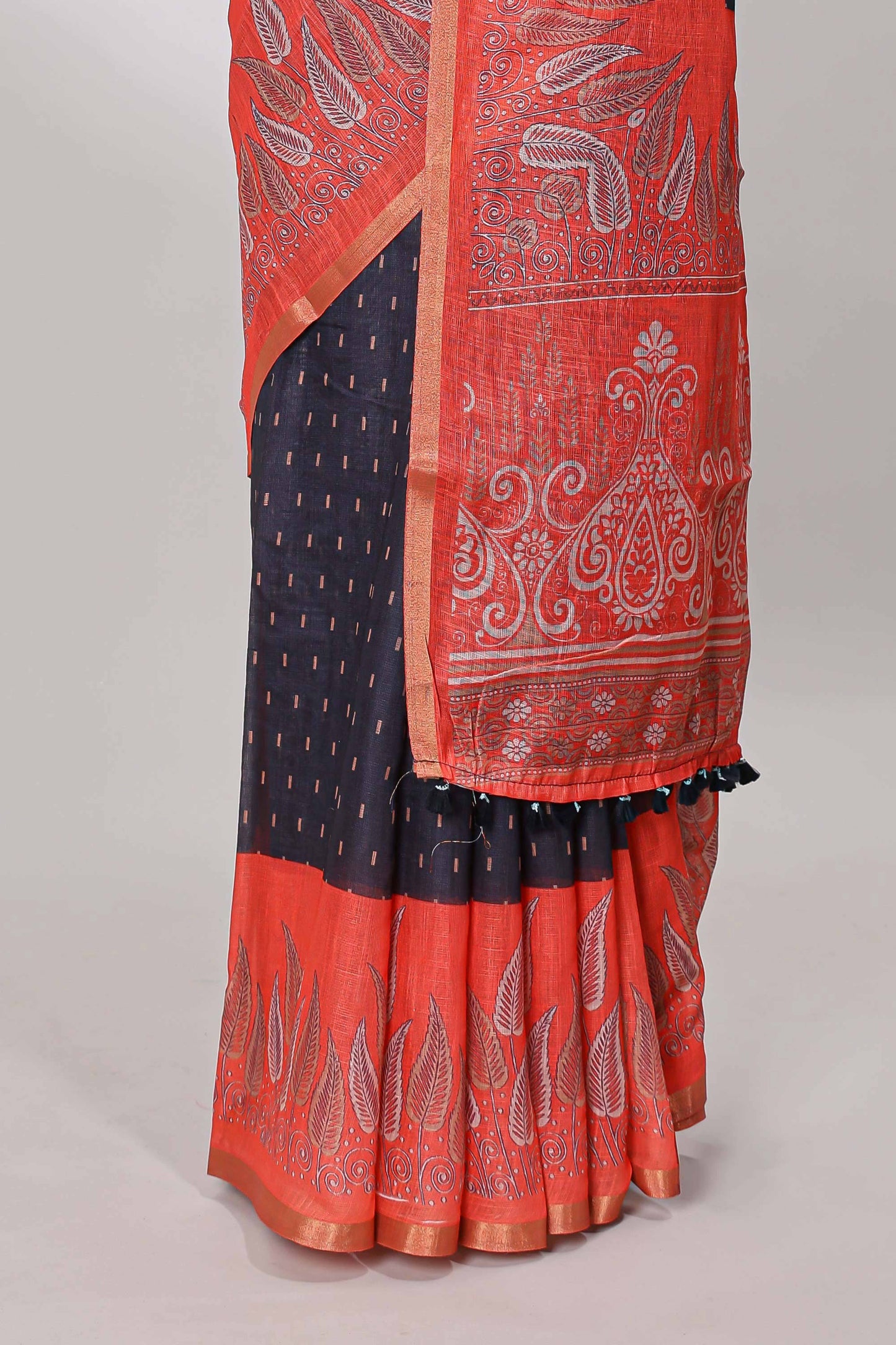 Black contrast linen cotton saree