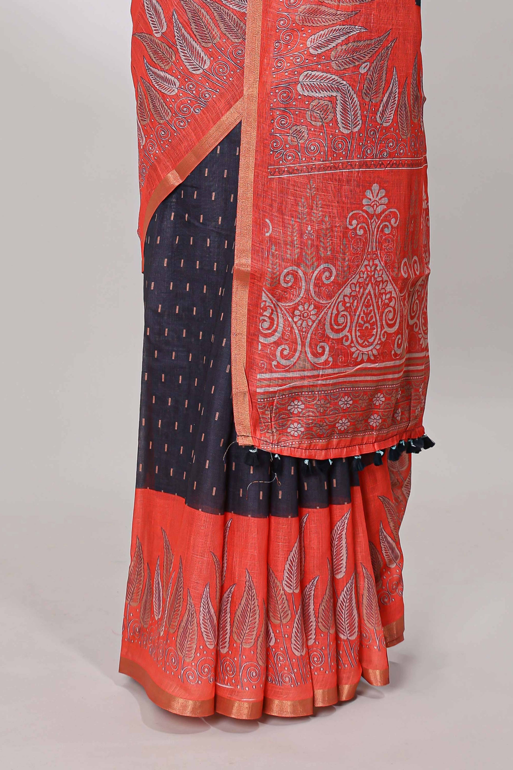 Black contrast linen cotton saree