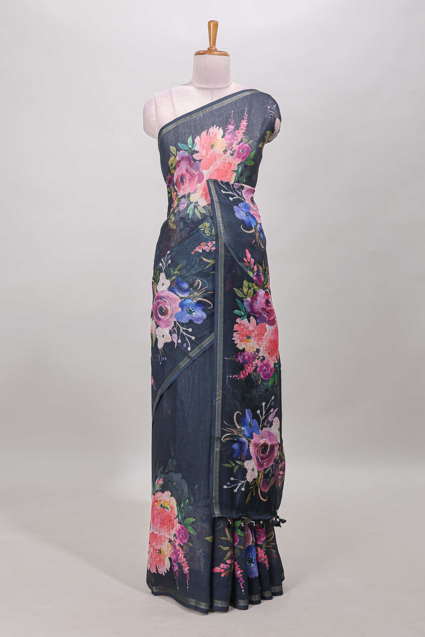 Black cotton linen saree