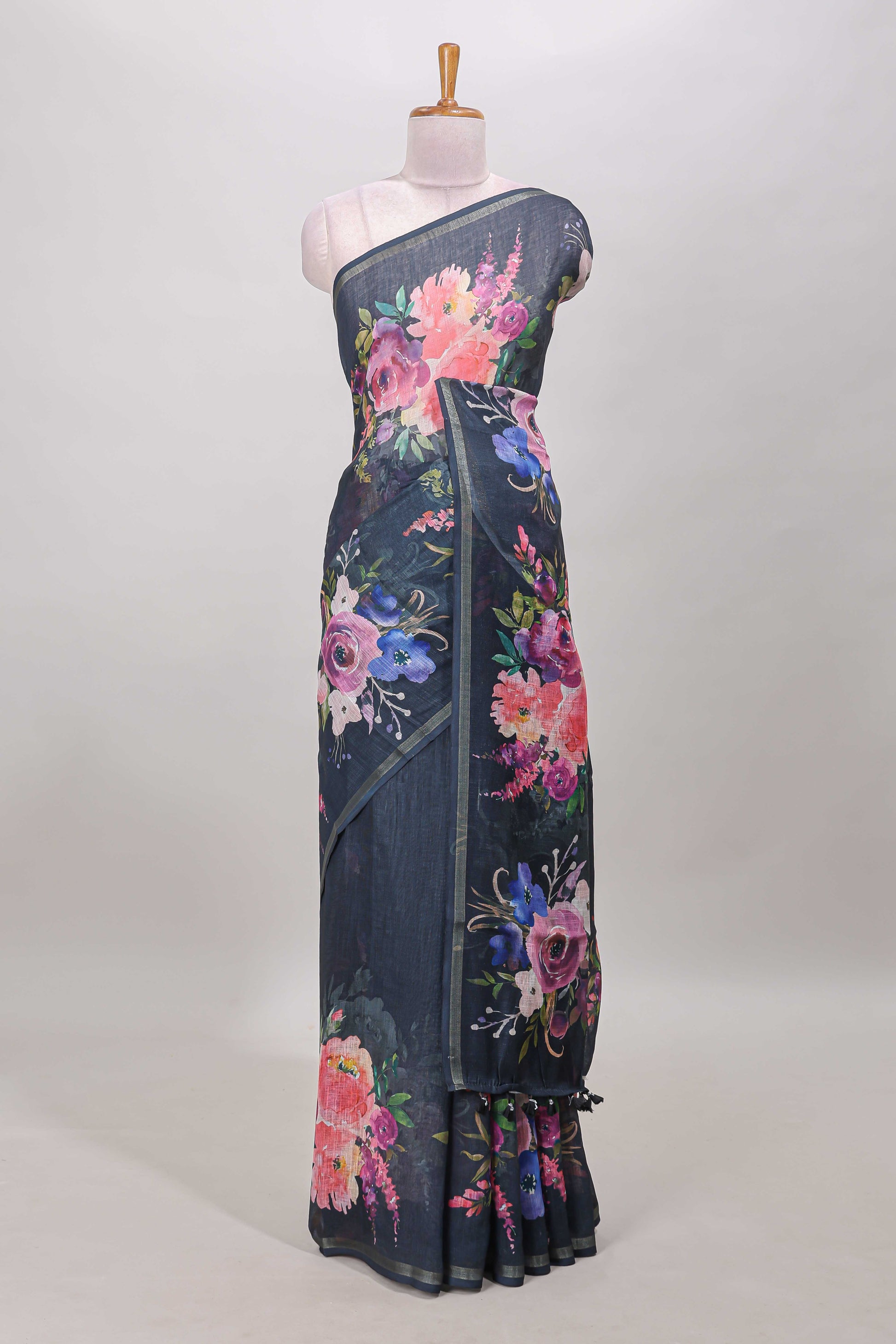 Black cotton linen saree