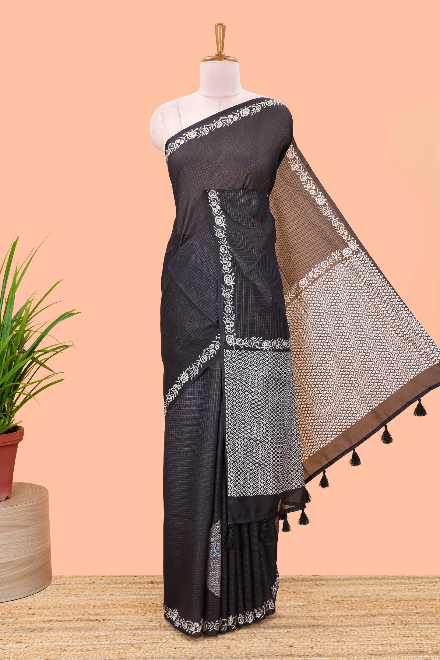 Black featuring crane bird motif print and contrast pallu Kota cotton saree