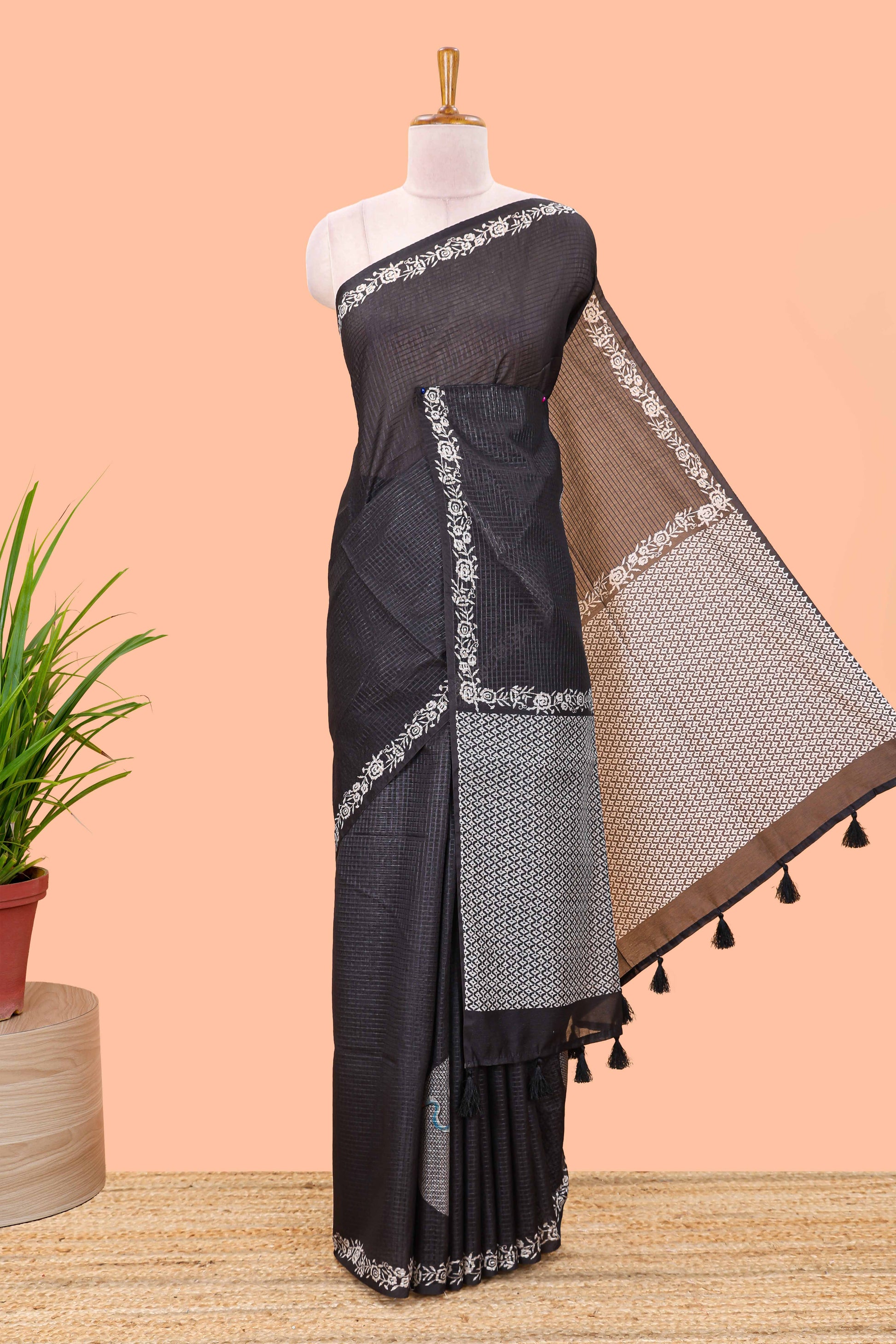 Black featuring crane bird motif print and contrast pallu Kota cotton saree
