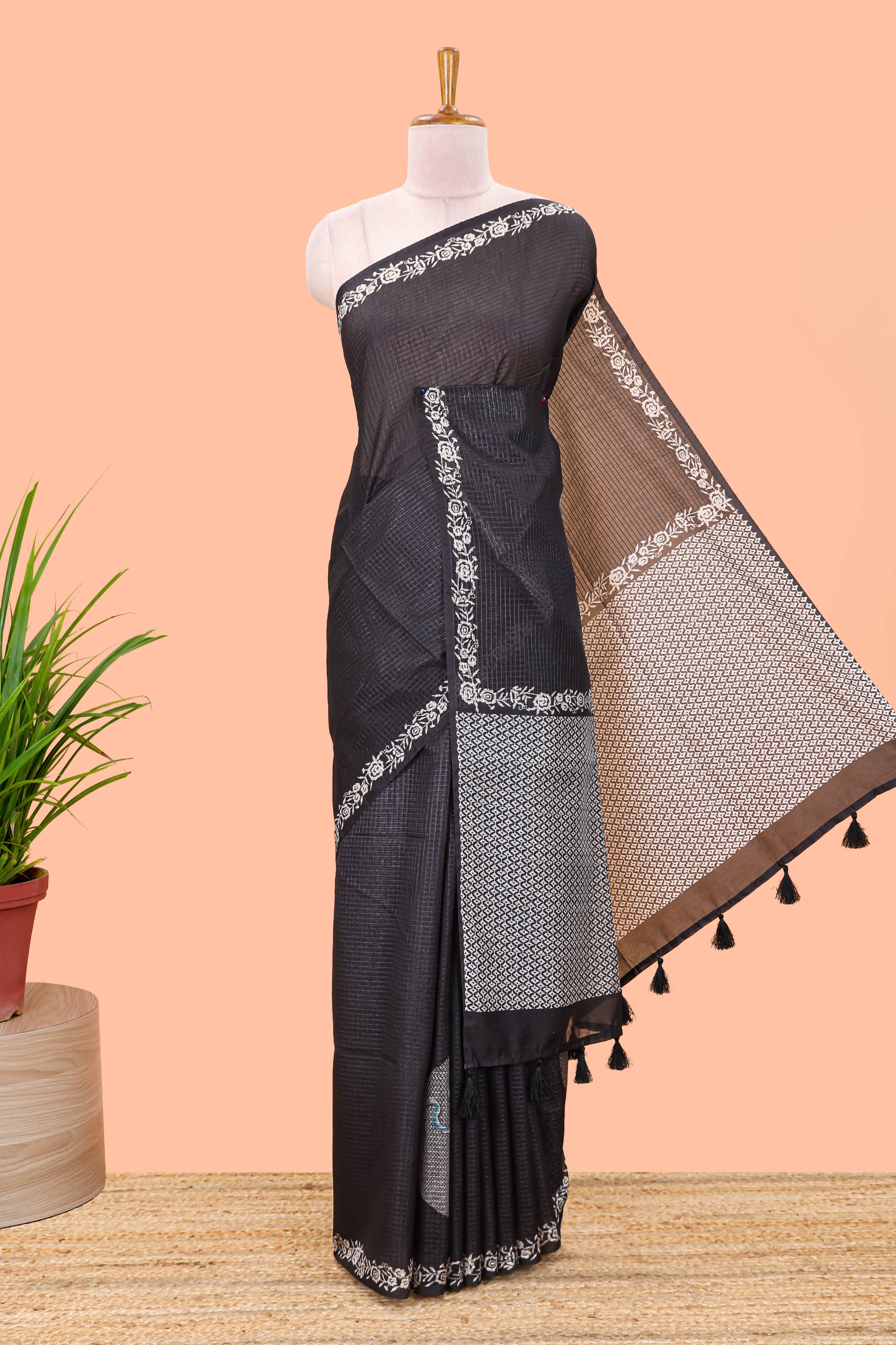 Black featuring crane bird motif print and contrast pallu Kota cotton saree