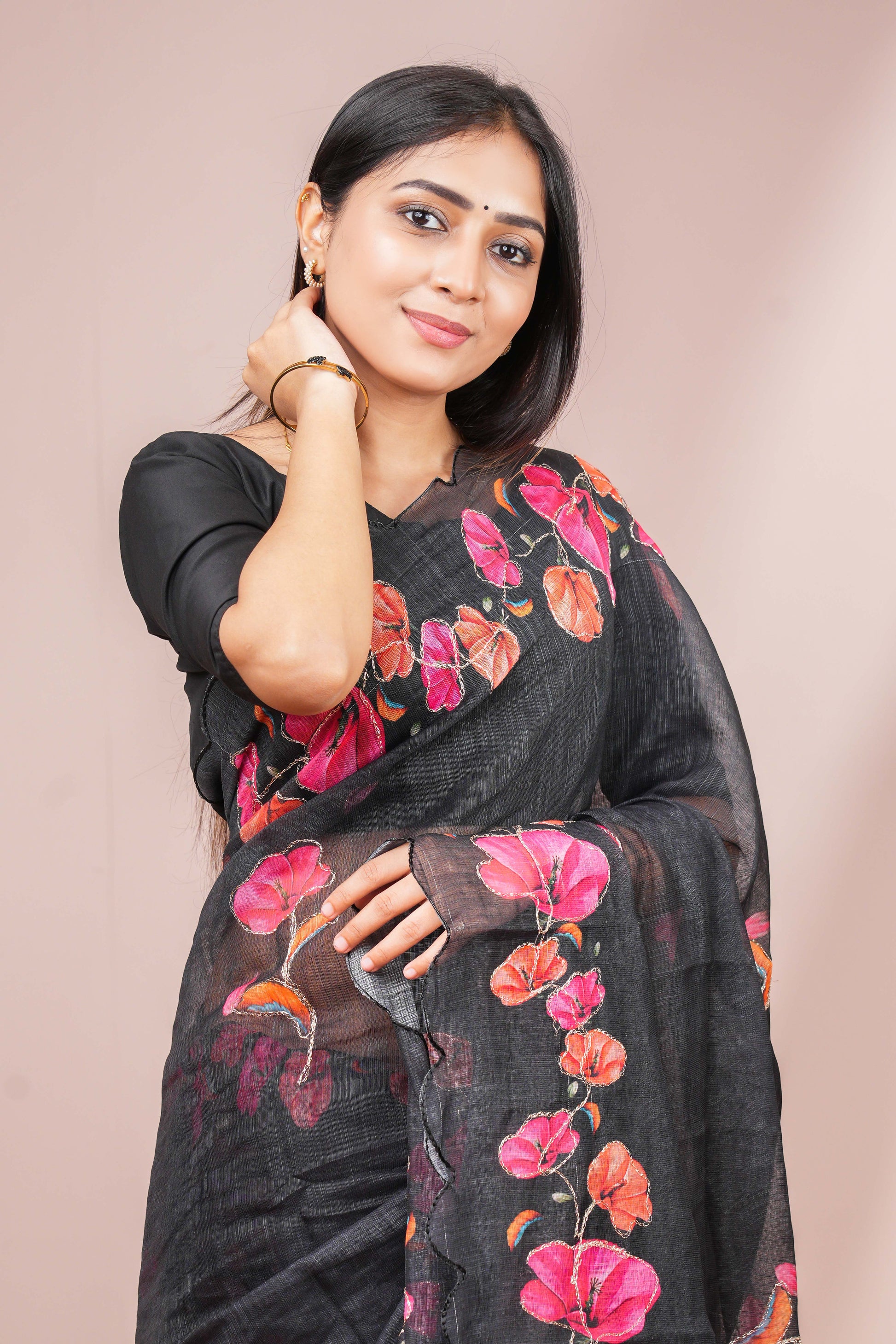 Black festive floral linen saree