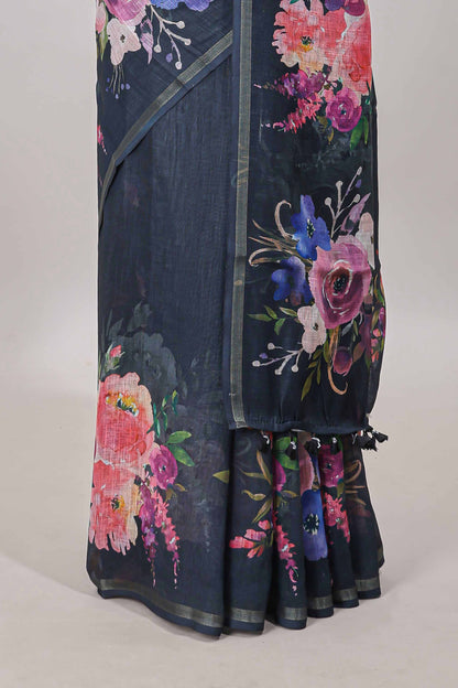 Black floral cotton silk saree
