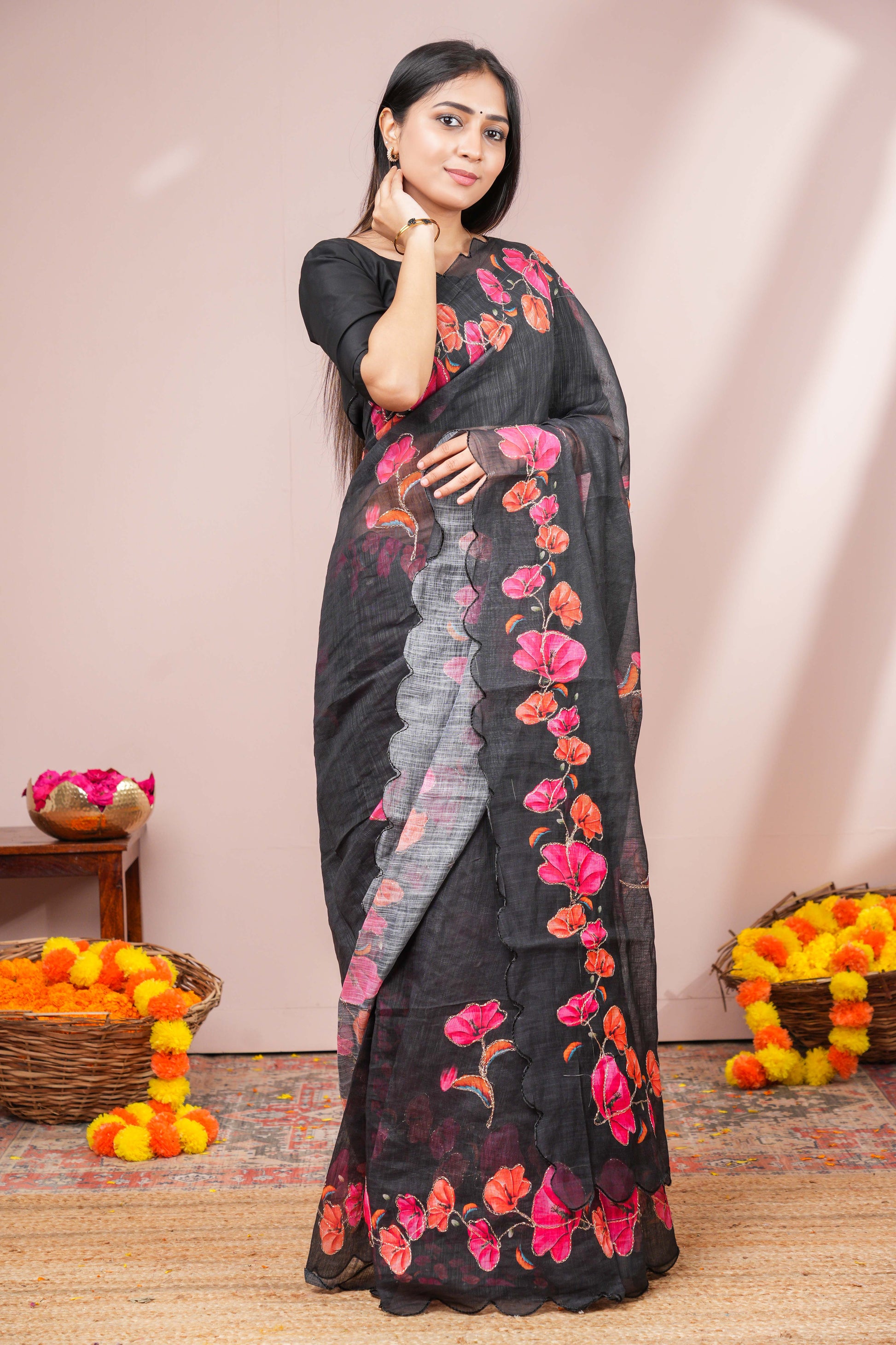 Black floral linen silk saree