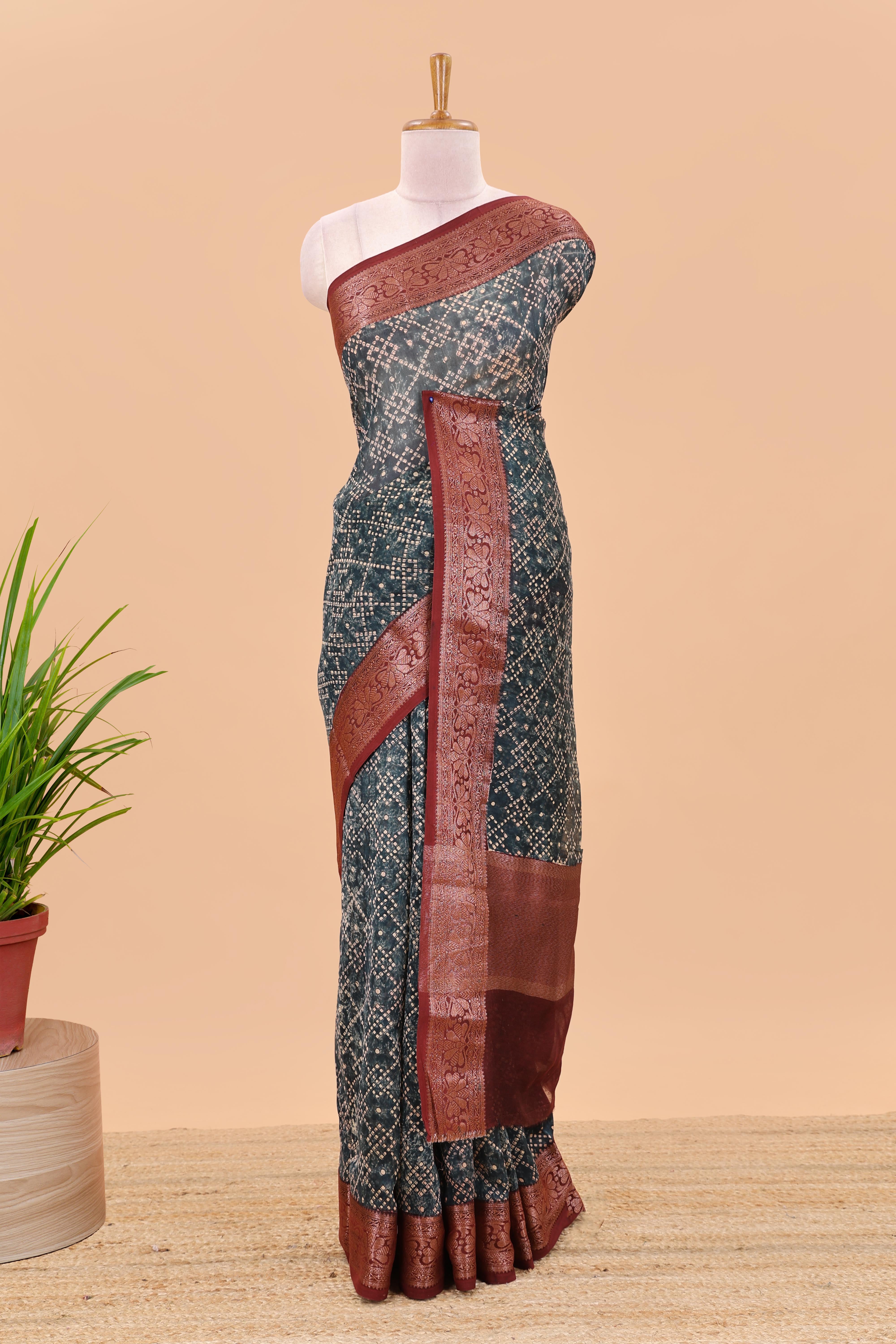 Black geometric design chanderi cotton saree with contrast zari border and pallu