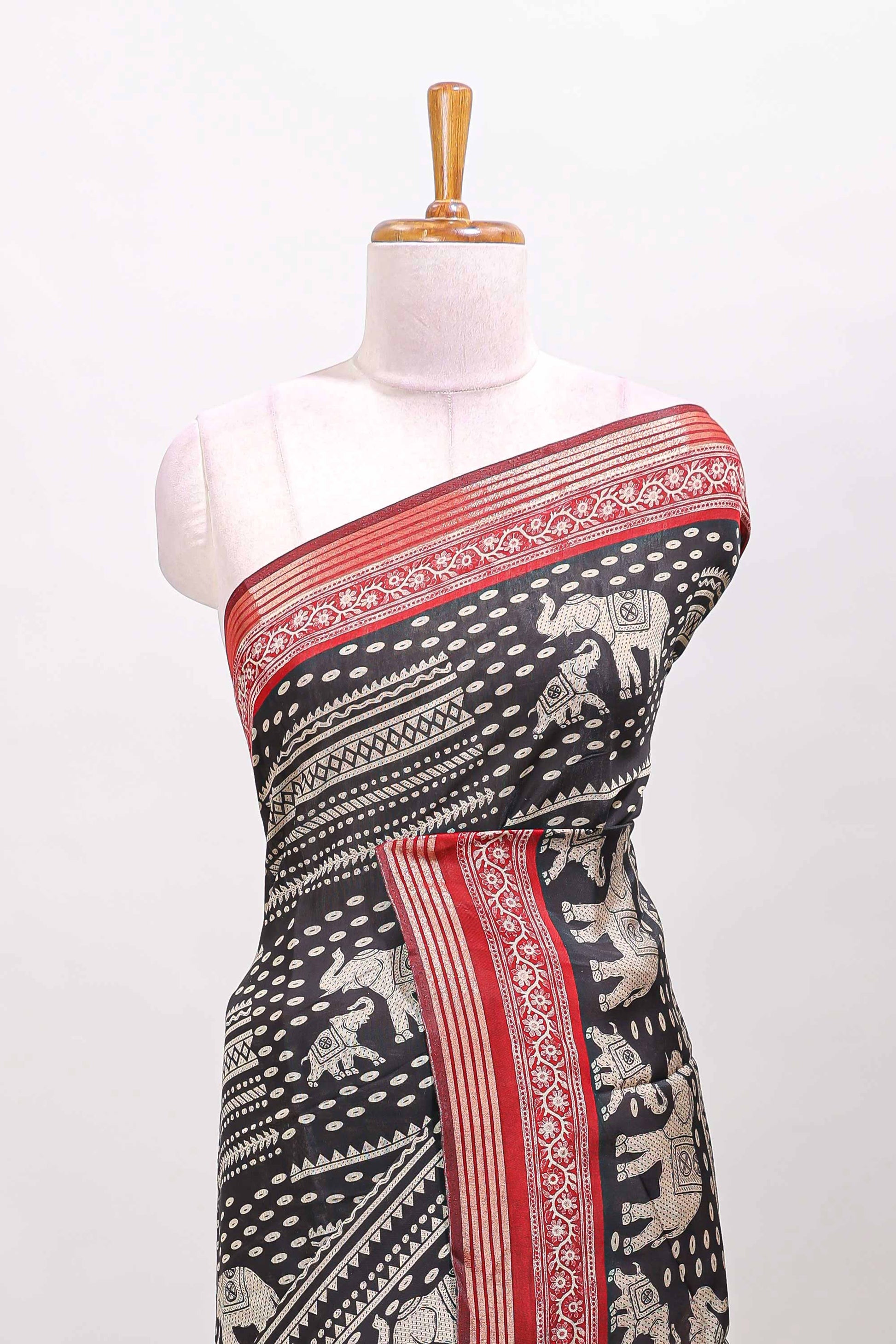 Black geometric elephant print chanderi saree
