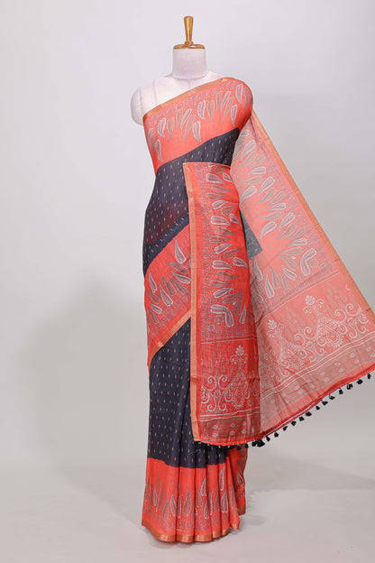 Black linen cotton butta saree