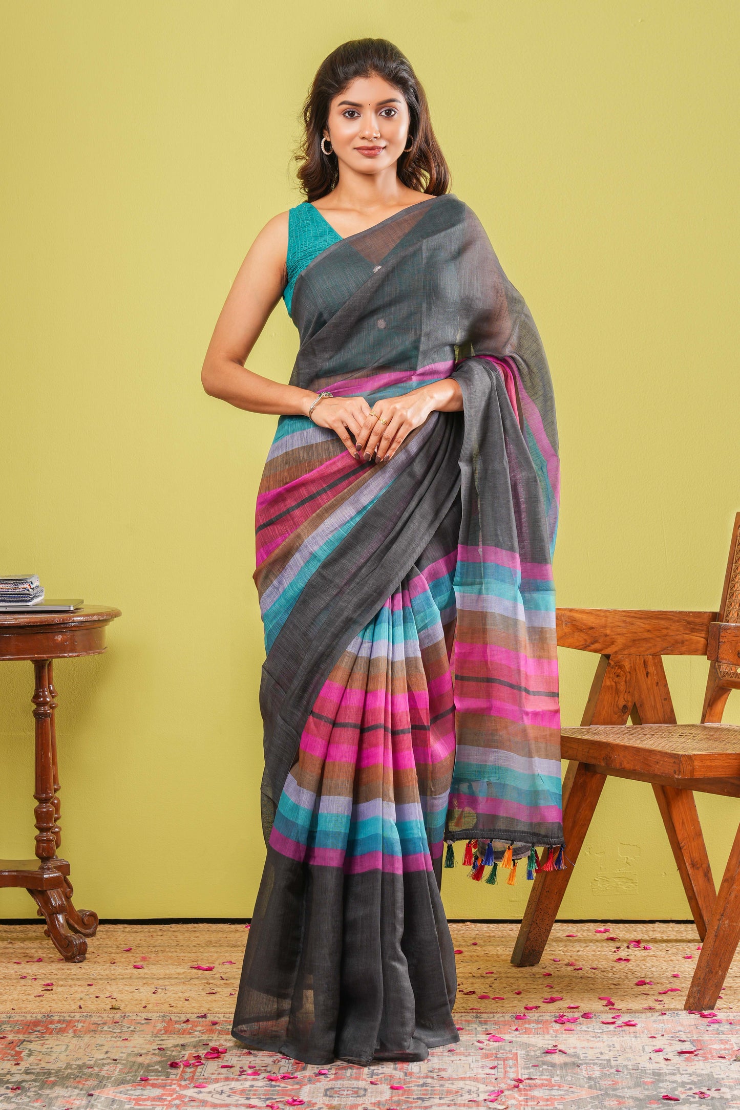 Black linen cotton silk saree