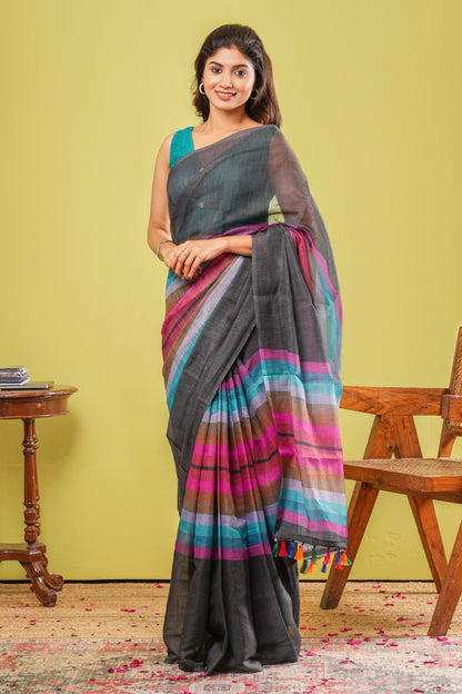 Black linen cotton woven saree