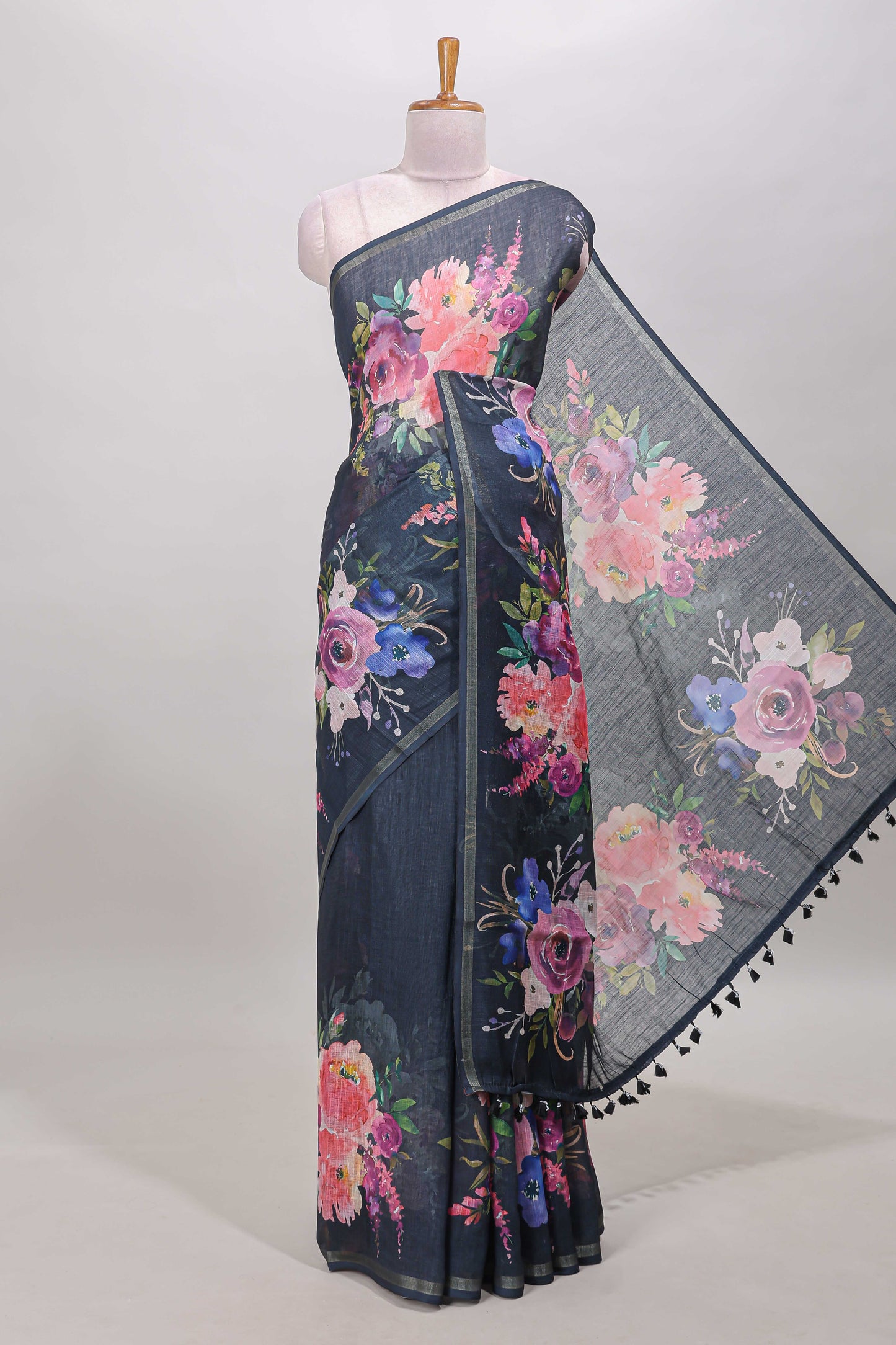 Black linen floral saree
