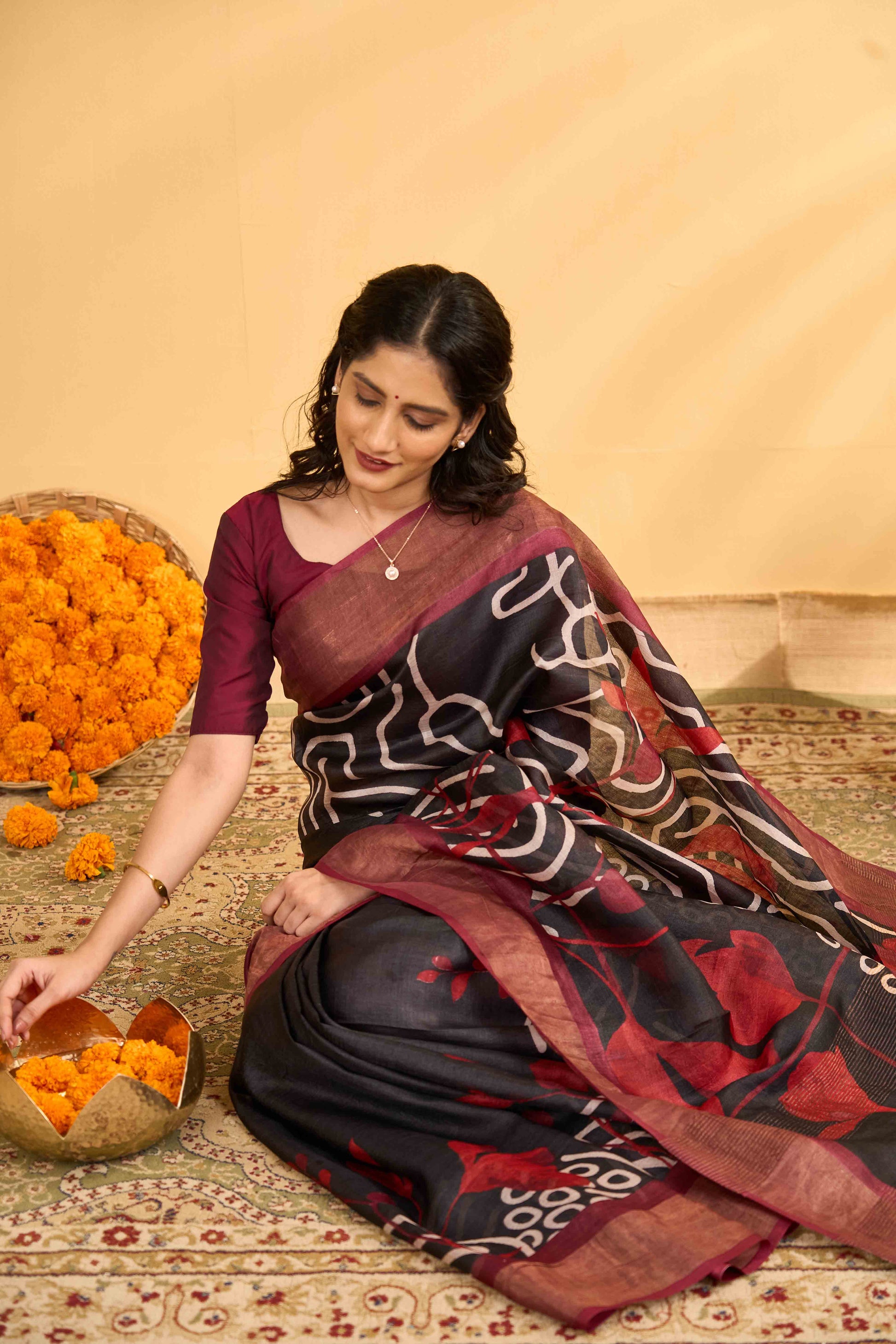 Black maroon tussar silk saree