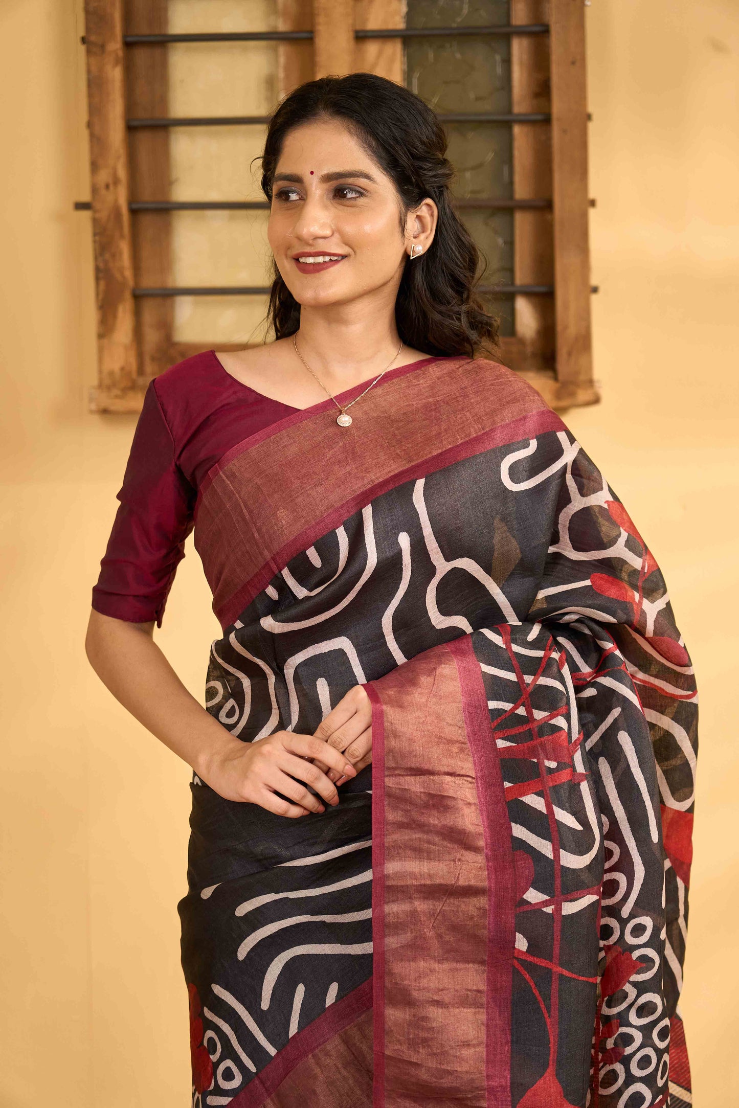 Black maroon tussar silk sarees