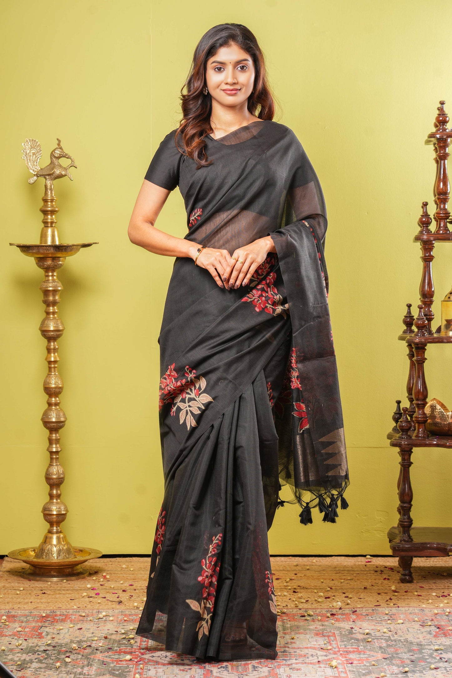 Black munga cotton floral saree
