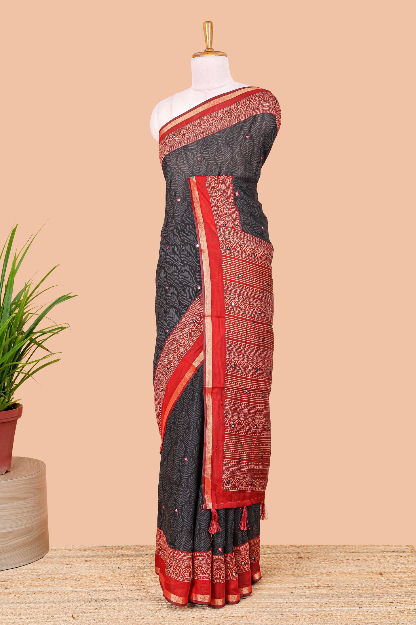 Black peacock feather print chanderi cotton saree with mirror work and contrast border