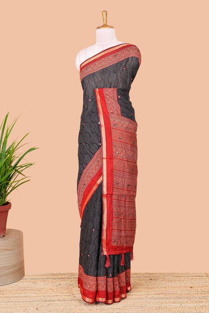 Black peacock feather print chanderi cotton saree with mirror work and contrast border